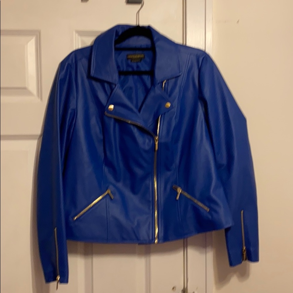 Faux Blue Leather Jacket with Gold zippers